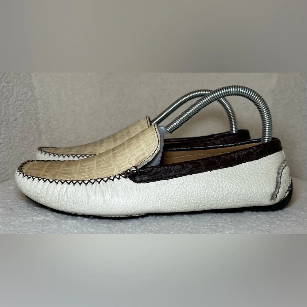 Patrick Gibbons handmade men’s‎ driving loafers tan cream brown crocodile skin 8